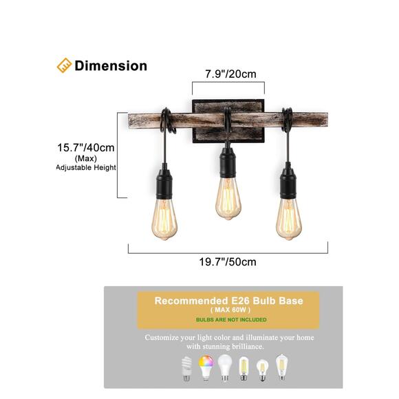 1 Betisa 3-light Antique Black/Gray and Faux Wood Grain Finish - Picture 2 of 6